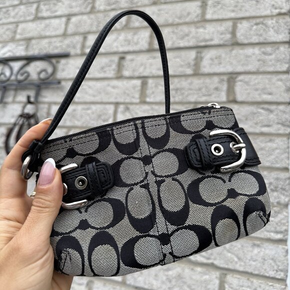 Coach Signature Leather Wristlet Pouch – Black & Grey Y2K Mini Purse - Picture 1 of 8